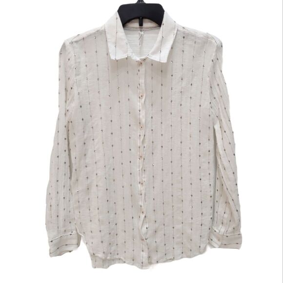 Feather Bone Anthro White Sequin Button Up Top XS - Picture 1 of 6